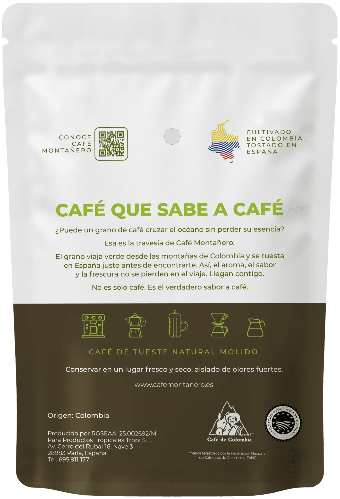 Trasera de la bolsa de Café Montañero, con el QR, la válvula, el mapa de Colombia, los iconos de preparación y los sellos Café de Colombia e IGP.